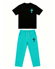 Big & Tall Men's Black And Blue Contrast Cross Printed T-Shirt Pants Set