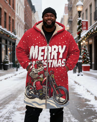 Big & Tall Men's Red MERRY CHRISTMAS Santa Riding Motorcycle Printed Velvet Thickened Long Hooded Coat