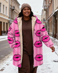 Women's Pink Striped Lip Printed Velvet Thickened Long Hooded Coat