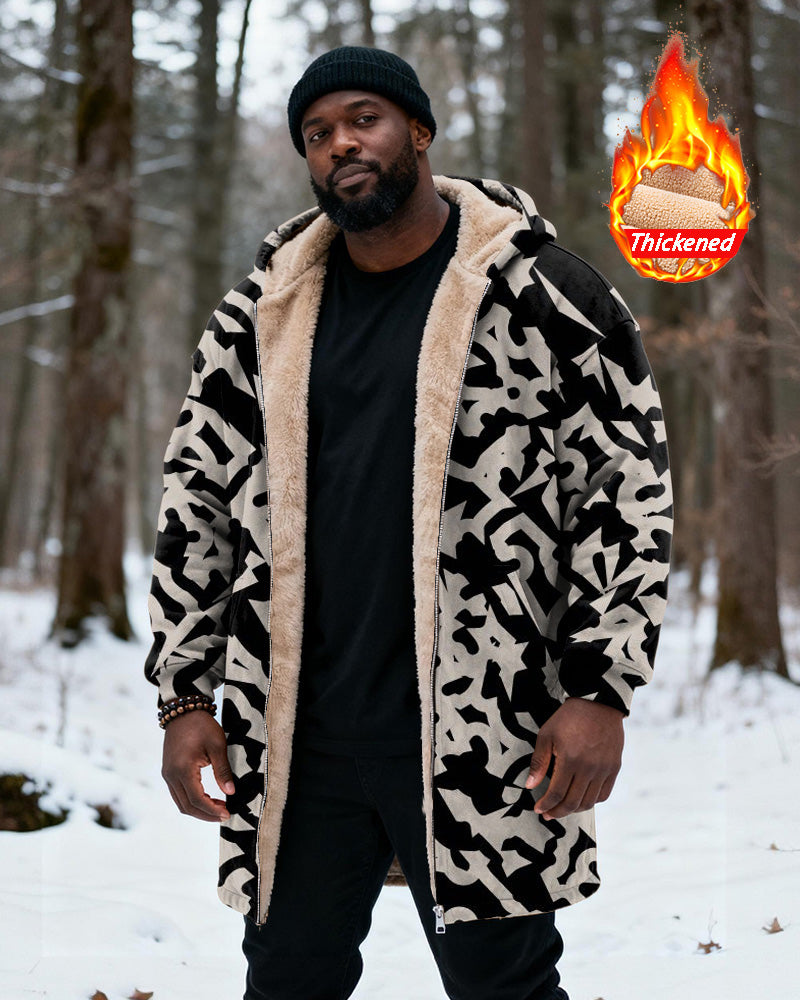 Big & Tall Men's Vintage Black And White Geometric Camouflage Printed Velvet Thickened Long Hooded Coat