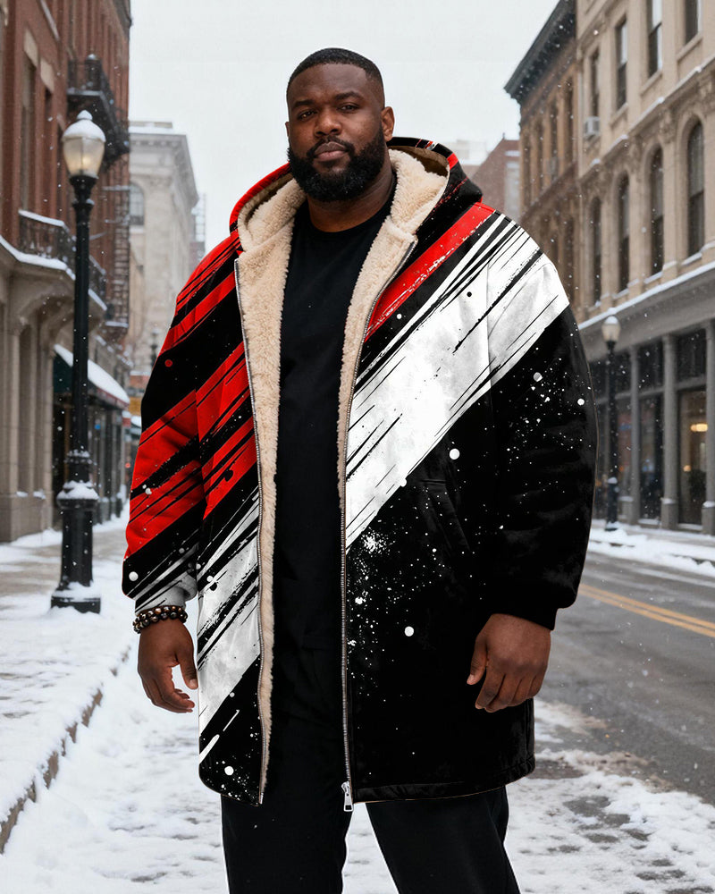 Big & Tall Men's Black And Red Brush Color Matching Printed Velvet Padded Long Hooded Coat