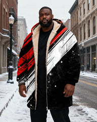 Big & Tall Men's Black And Red Brush Color Matching Printed Velvet Padded Long Hooded Coat