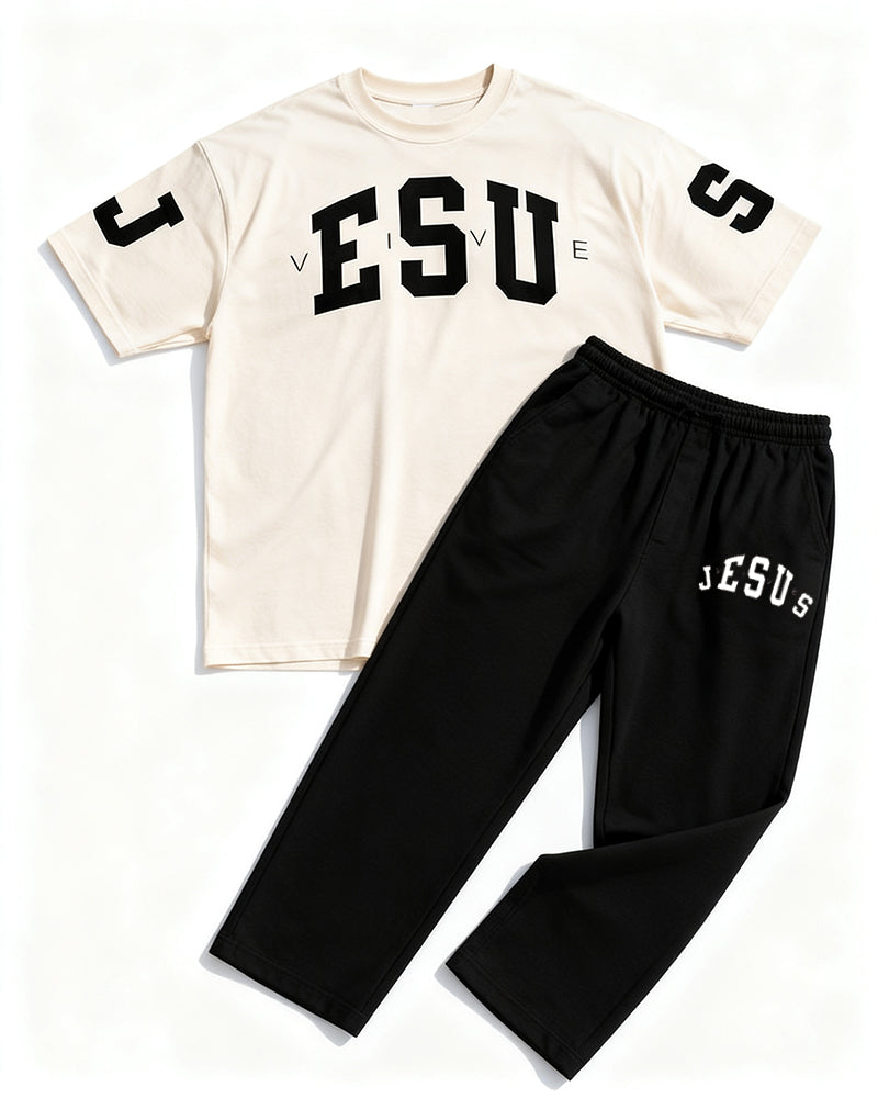 Big & Tall Men's Rice White And Black Word "JESUS" Printed T-shirt Trousers Set
