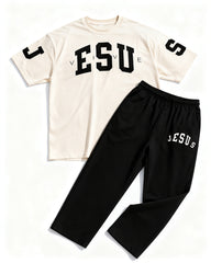 Big & Tall Men's Rice White And Black Word "JESUS" Printed T-shirt Trousers Set