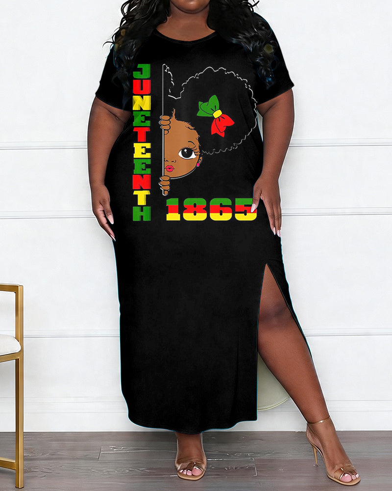 Women's Large Size Juneteenth 1865 Cartoon Head Print Side Slit Short Sleeve Dress