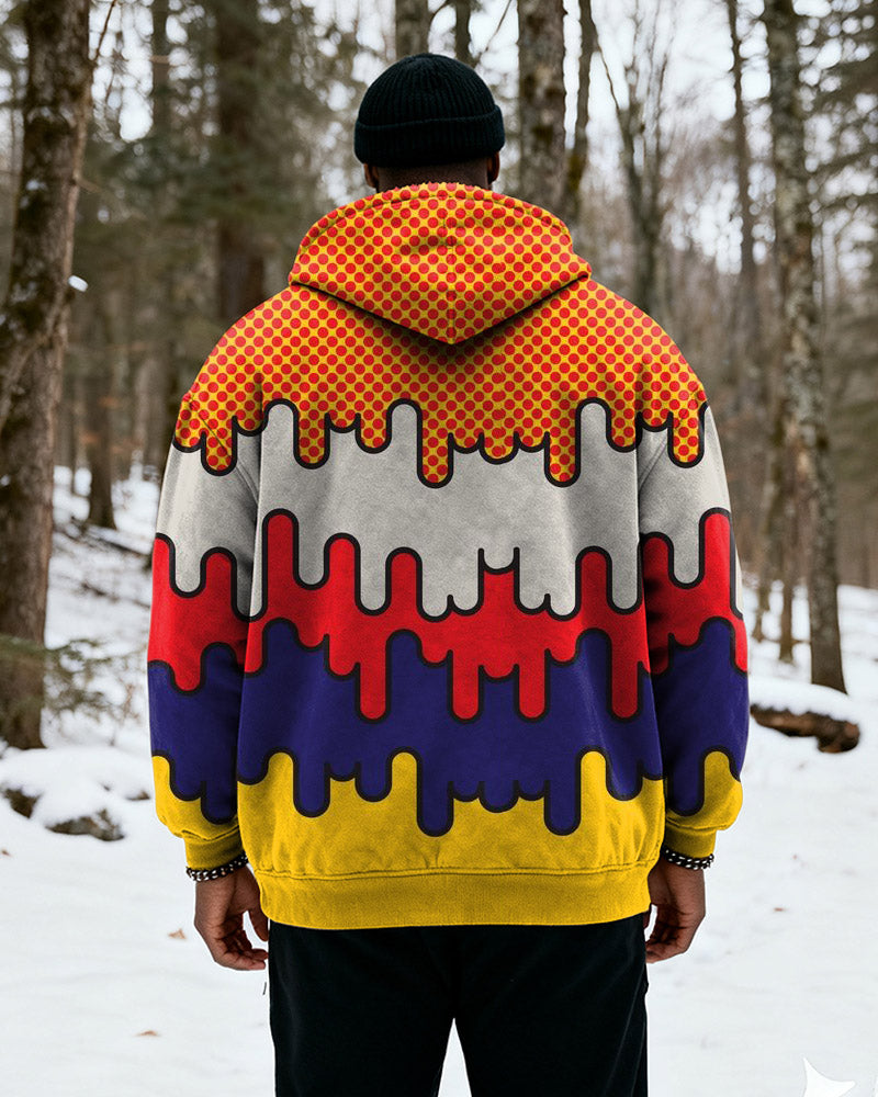Big & Tall Men's Red, Yellow And Purple Pop Wind Drop Printed Velvet Thickened Zipper Hoodie