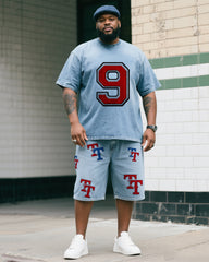 Plus Size Boy's Figure 9 Print Short Sleeve Shorts Denim Suit