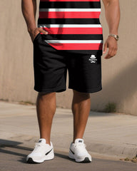 Big & Tall Men Black & White & Red Striped Color-matching Chest Small Label Printed Crewneck Short Sleeve T-shirt Shorts Suit