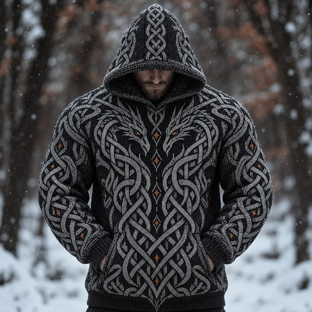Men's Dark Grey Celtic Dragon Knotwork Hooded Knit Sweater