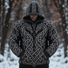 Men's Dark Grey Celtic Dragon Knotwork Hooded Knit Sweater