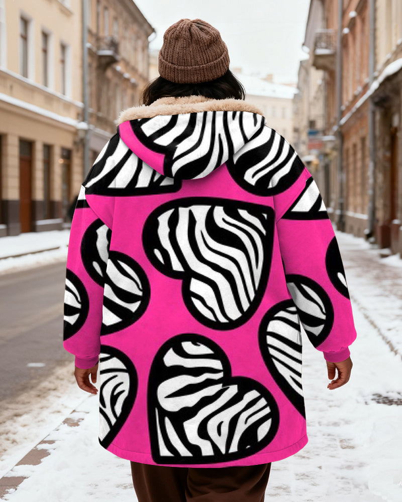 Women's Pink Striped Lip Printed Velvet Thickened Long Hooded Coat