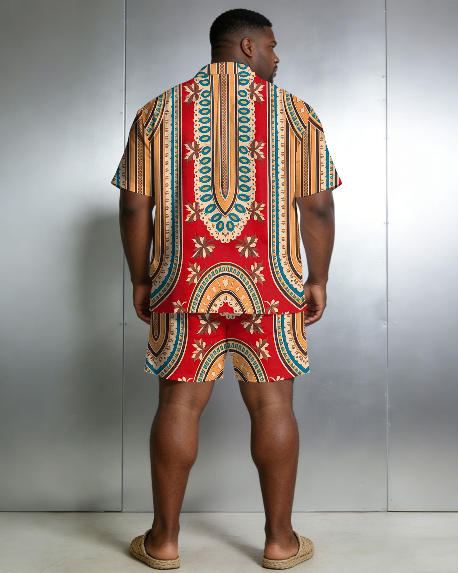 Men's Large Size Red Retro Short Sleeve Shirt Shorts Set