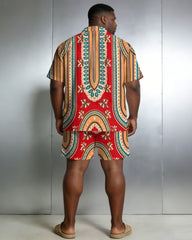 Men's Large Size Red Retro Short Sleeve Shirt Shorts Set