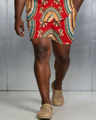 Men's Large Size Red Retro Short Sleeve Shirt Shorts Set