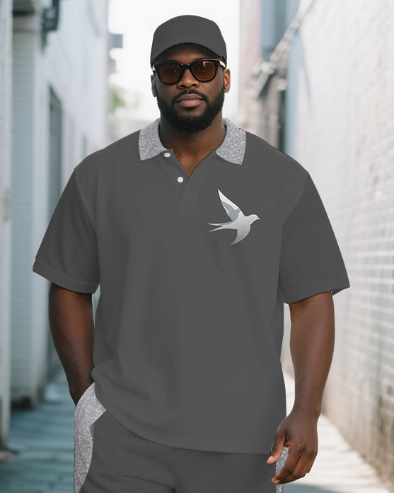 Big Men's Simple White Dove Cartoon Printed Short-Sleeve Polo Shirt and Shorts Set