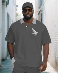 Big Men's Simple White Dove Cartoon Printed Short-Sleeve Polo Shirt and Shorts Set