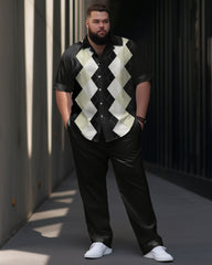 Men's Large Size Diamond Pattern Short Sleeve Shirt Trousers Set