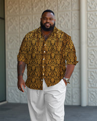 Luxury Vintage Printed Long Sleeve Lel Shirt 2 Piece Set Men's Plus Size