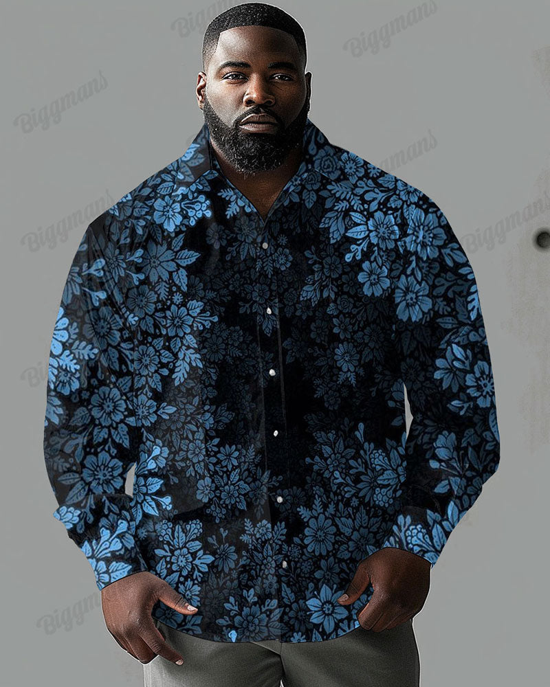Big Men's Casual Gradient Floral Print Lapel Long Sleeve Shirt