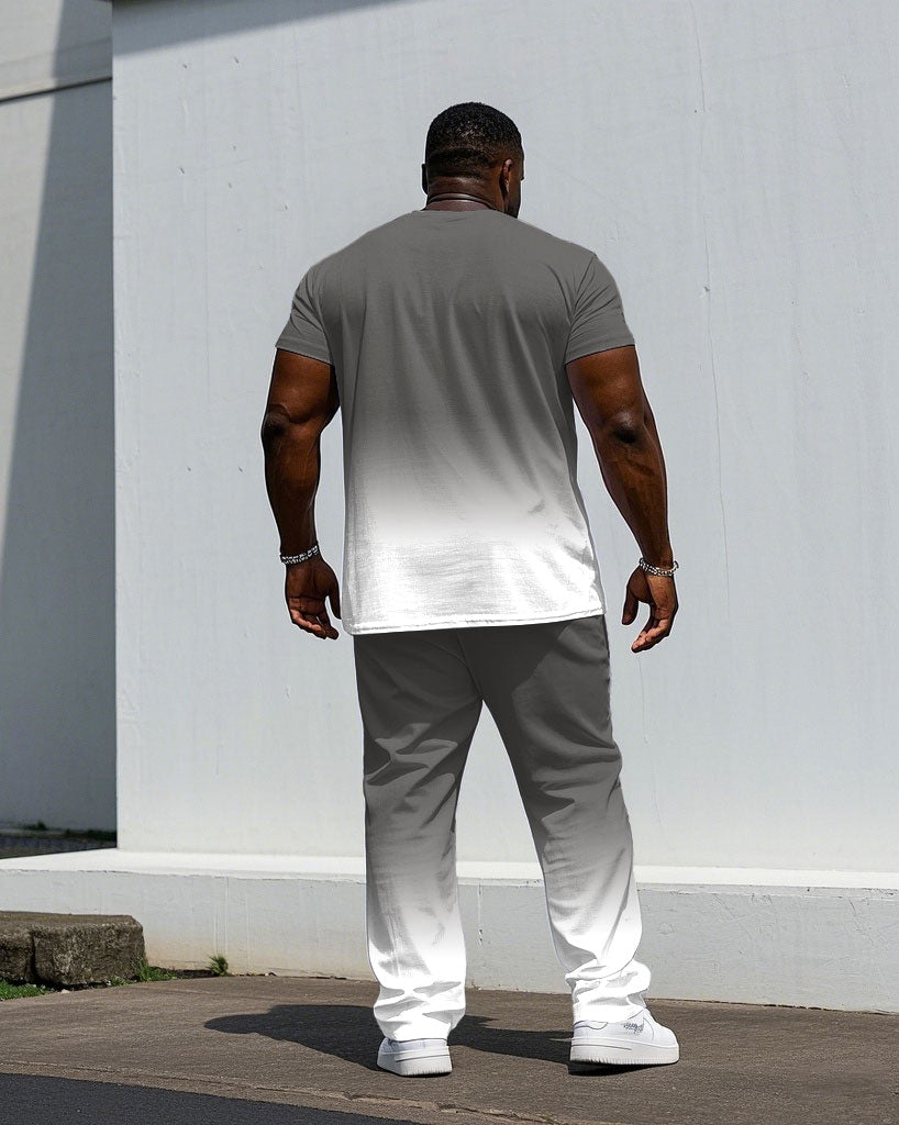 Men's Plus Size Casual Grey & White Chest "king" Slogan Printed Short-sleeved T-shirt Pants Suit