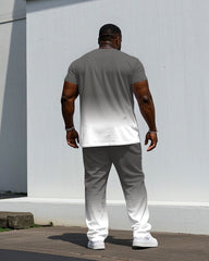 Men's Plus Size Casual Grey & White Chest "king" Slogan Printed Short-sleeved T-shirt Pants Suit