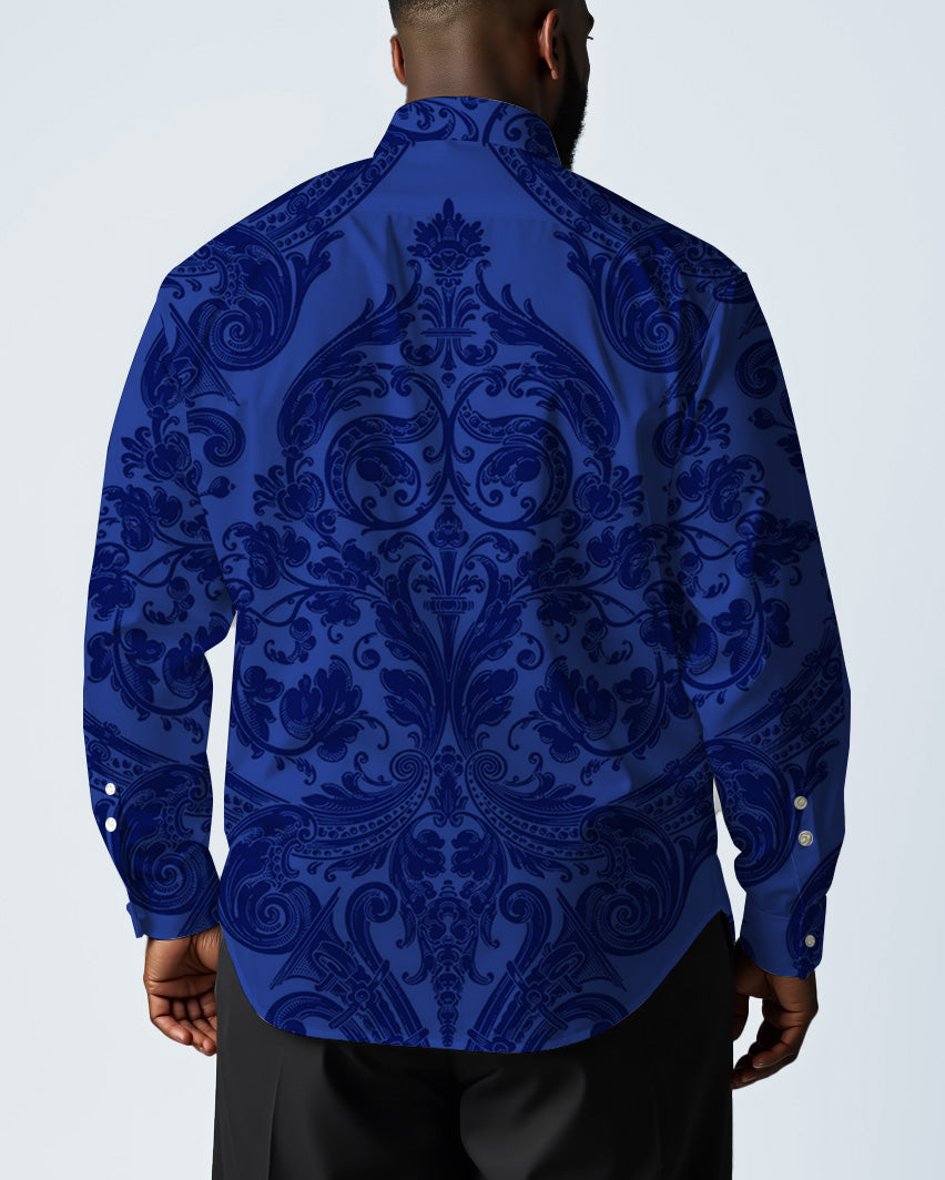 Blue High-end Baroque Pattern Jacquard Business Lapel Long Sleeve Shirt Men's Big & Tall