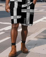 Men's Plus Size Daily Black Stripe Patchwork Letter Print Short Sleeve Polo Shirt Shorts Suit