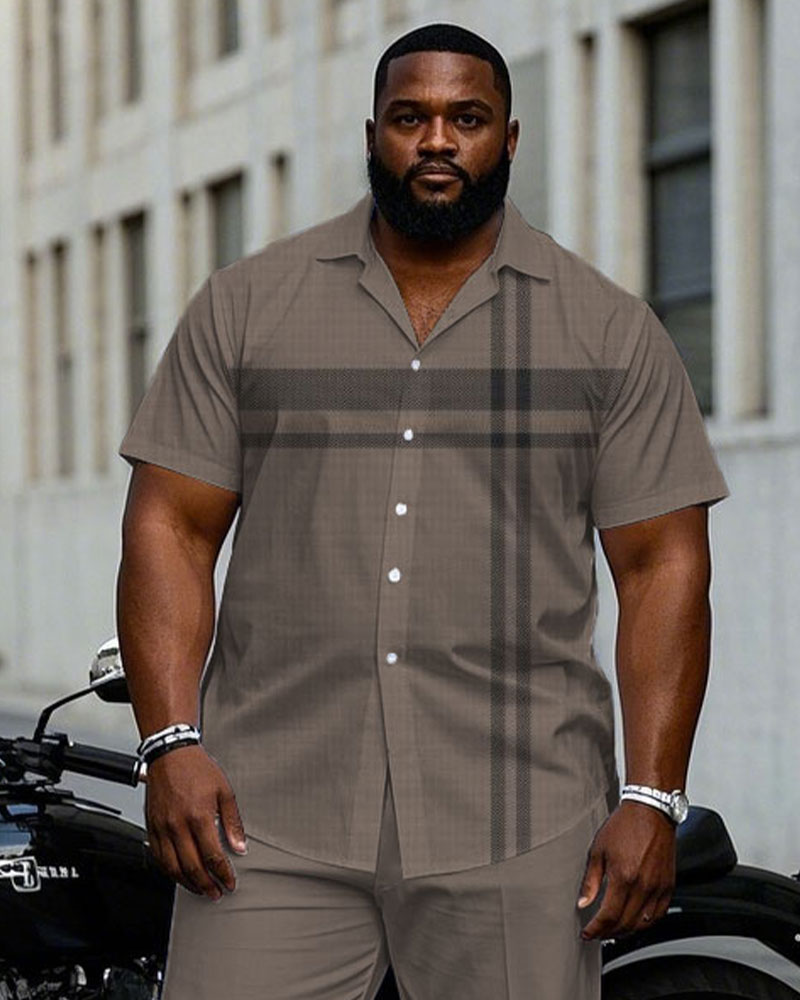 Men's Plus Size Business Brown Color Block Short Sleeve Shirt Trousers Suit