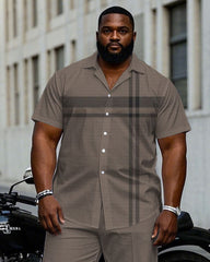 Men's Plus Size Business Brown Color Block Short Sleeve Shirt Trousers Suit