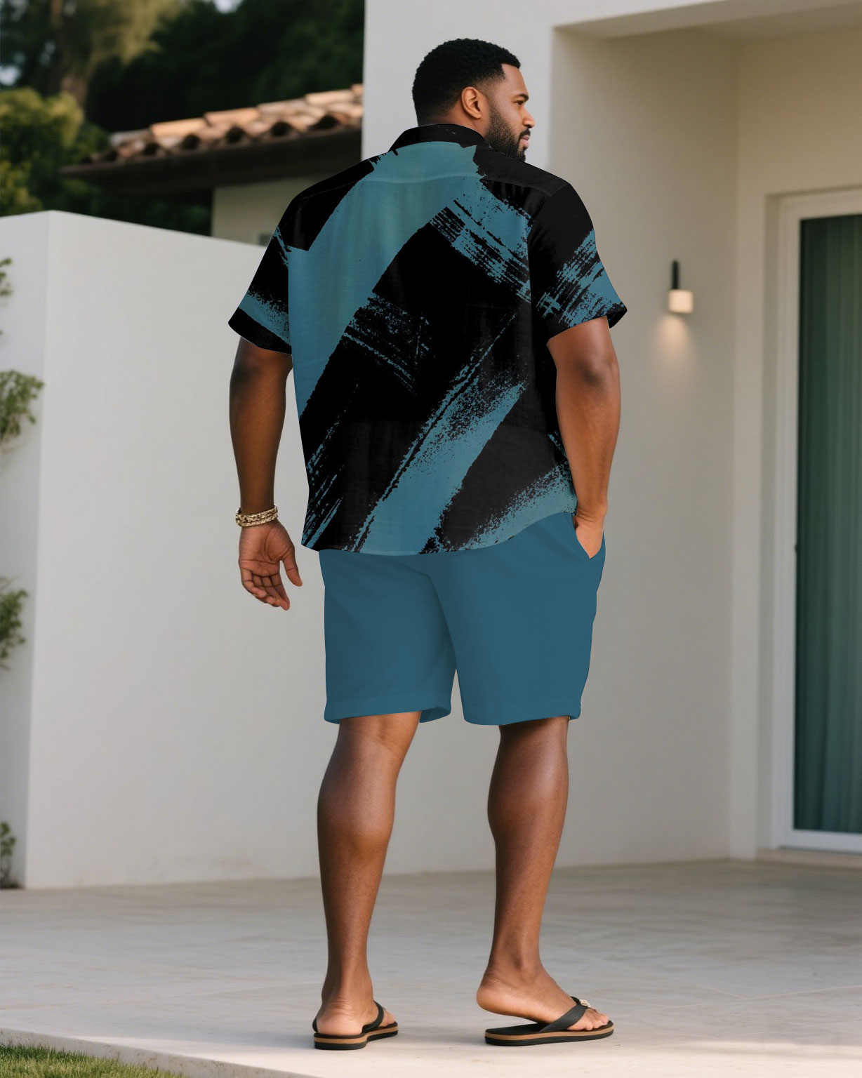 Men's Plus Size Ink-throwing Art Black & Blue Short-sleeved Shirt Shorts Suit