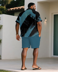 Men's Plus Size Ink-throwing Art Black & Blue Short-sleeved Shirt Shorts Suit