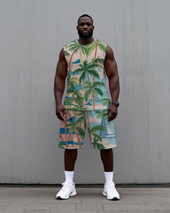 Men's Big Size Natural Coconut Trees Sailboat Printed Hawaiian Vest and Shorts Set