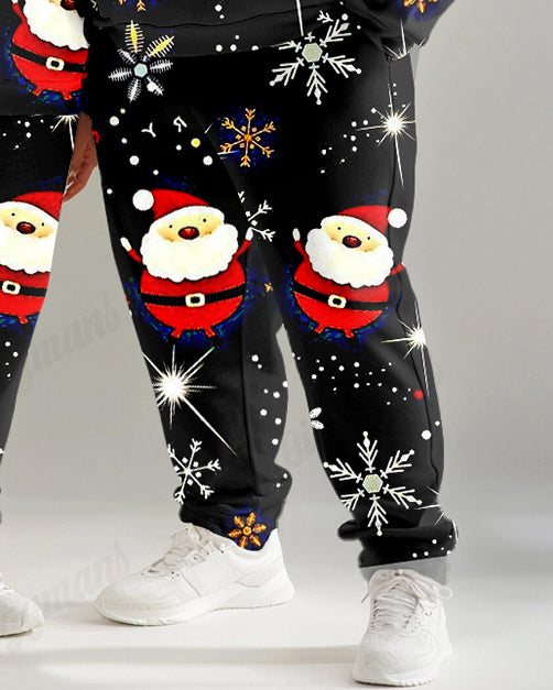 Couple Fashion Casual Big and Tall Black Christmas Print Hoodie Set
