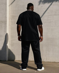 Men's Plus Size Black & White Colorblock "Let's Party Together" Slogan Printed Short Sleeve T-Shirt Trousers Suit