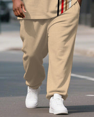 Men's Plus Size Khaki Color-block Line Print Henry Collar T-shirt Trousers Suit
