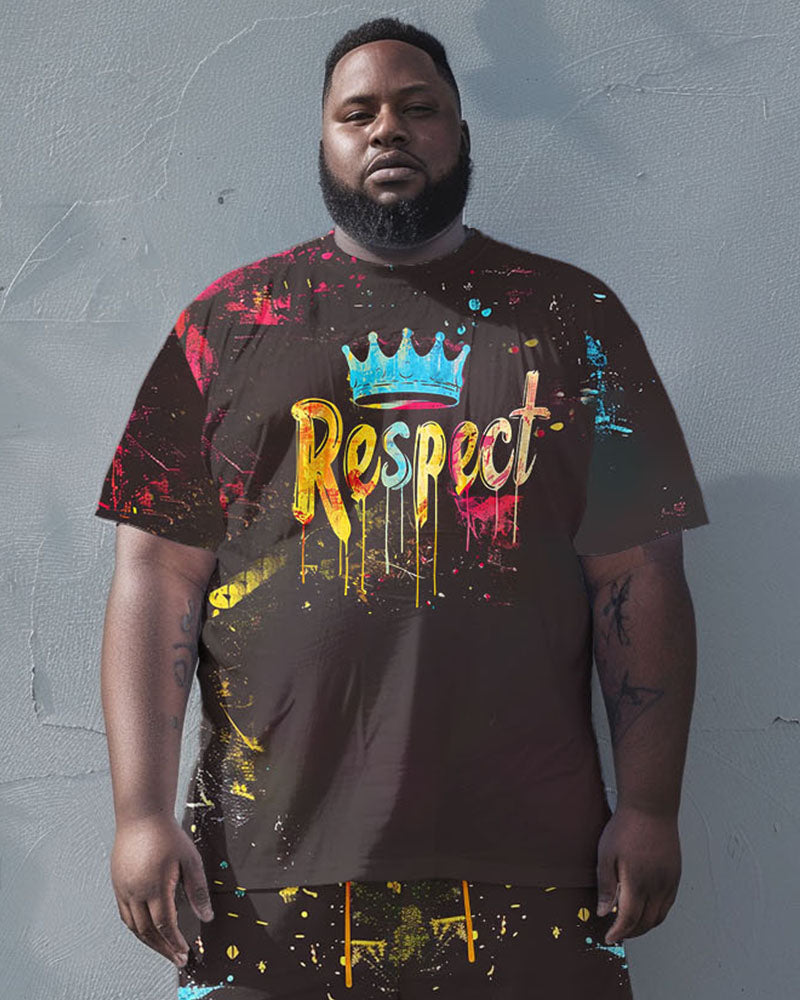 Men's Plus Size Street Fashion Graffiti Respect Alphabet Print T-Shirt Shorts Suit