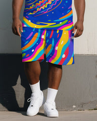 Big Men's Dreamy Cartoon Colorful Jellyfish Printed Short-Sleeve Polo Shirt & Shorts Set