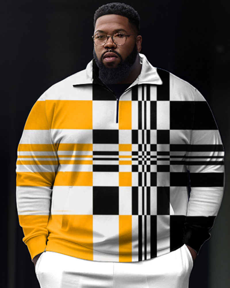 Big and Tall Men's Colorblock Plaid Zipper Polo Shirt and Pants Set