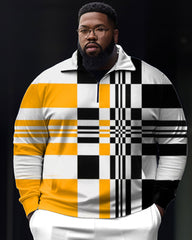 Big and Tall Men's Colorblock Plaid Zipper Polo Shirt and Pants Set