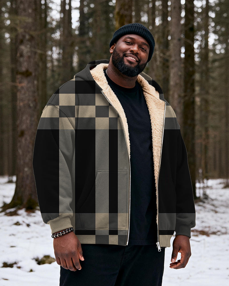 Big & Tall Men's Black And Brown Plaid Printed Velvet Thickened Zipper Hoodie