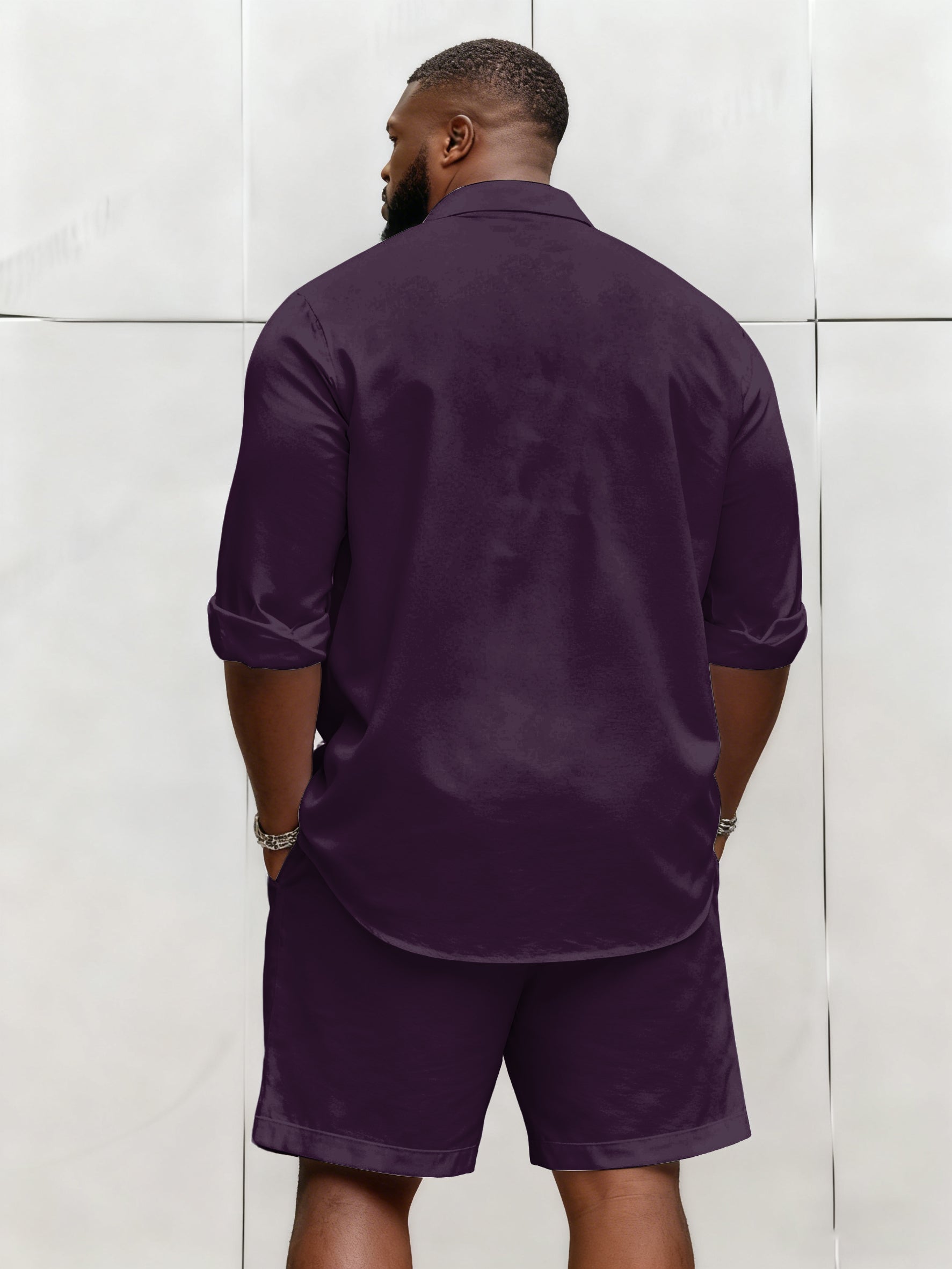 Big & Tall Men's Business Solid Color Long Sleeve Shirt Shorts Set