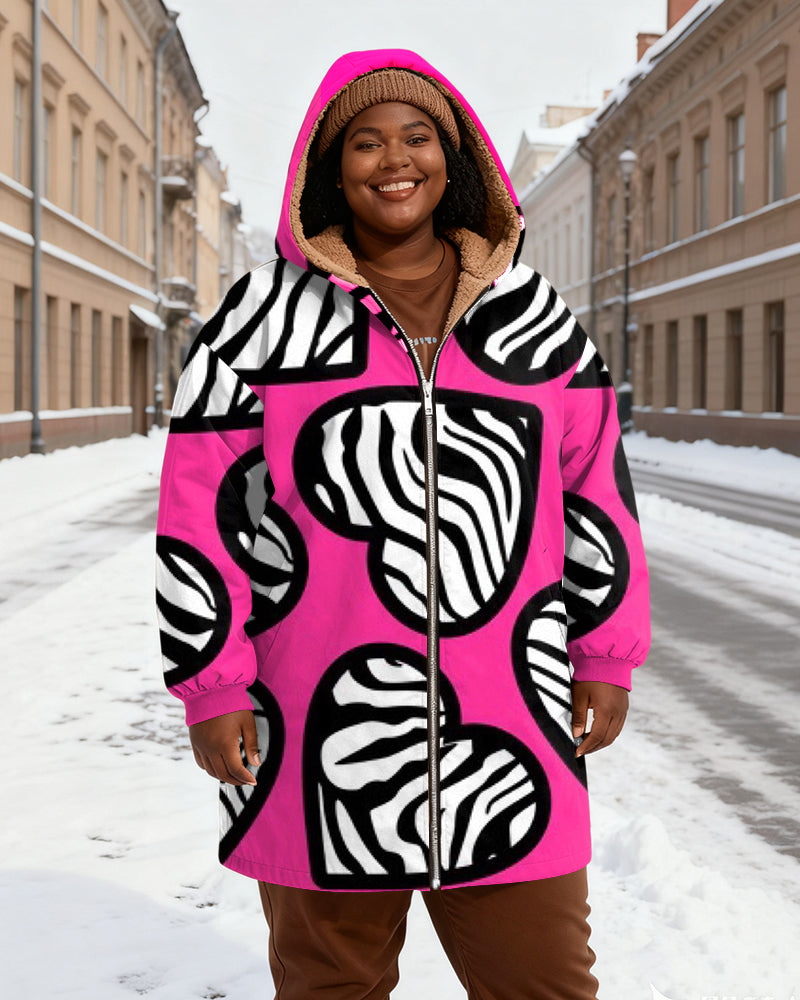 Women's Pink Striped Lip Printed Velvet Thickened Long Hooded Coat