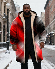 Big & Tall Men's Black And Red Gradient Geometric Printed Velvet Padded Long Hooded Coat