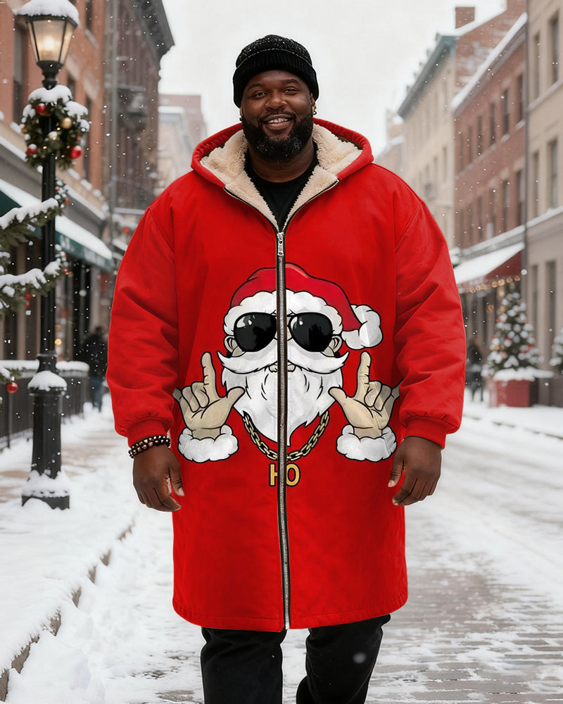 Big & Tall Men's Sunglasses Santa Claus Bier Printed Velvet Thickened Long Hooded Coat