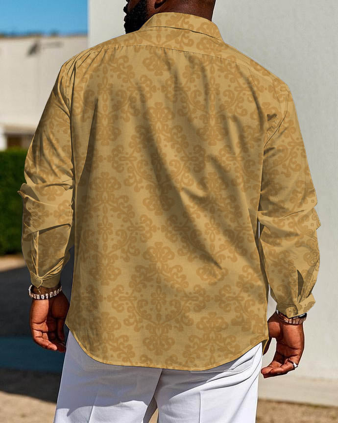 Men's Plus Size Business Khaki Vintage Pattern Jacquard Long Sleeve Shirt