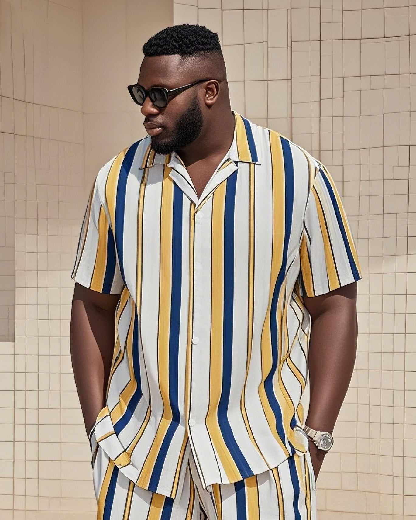 Big Man's Retro Daily Casual Yellow White Blue Stripe Color Block Printing Short Sleeve Shirt Shorts Suit