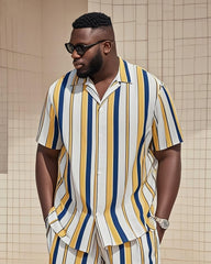 Big Man's Retro Daily Casual Yellow White Blue Stripe Color Block Printing Short Sleeve Shirt Shorts Suit