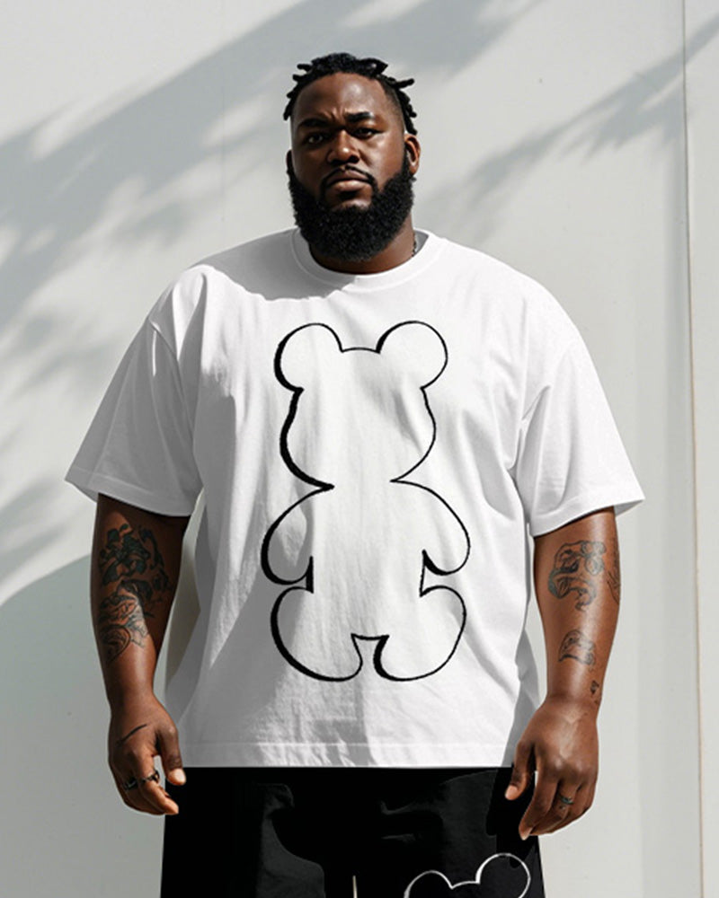 Men's Plus Size Black And White Simple Pen Line Bear Print Short Sleeve T-shirt Shorts Suit