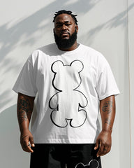 Men's Plus Size Black And White Simple Pen Line Bear Print Short Sleeve T-shirt Shorts Suit