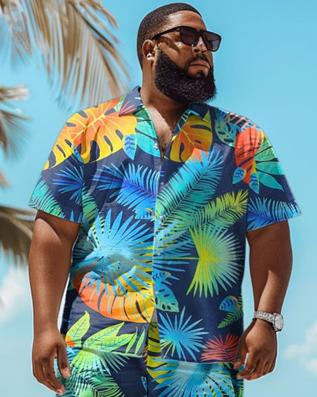 Men's Plus Size Hawaiian Tropical Plant Print Shirt Shorts Suit